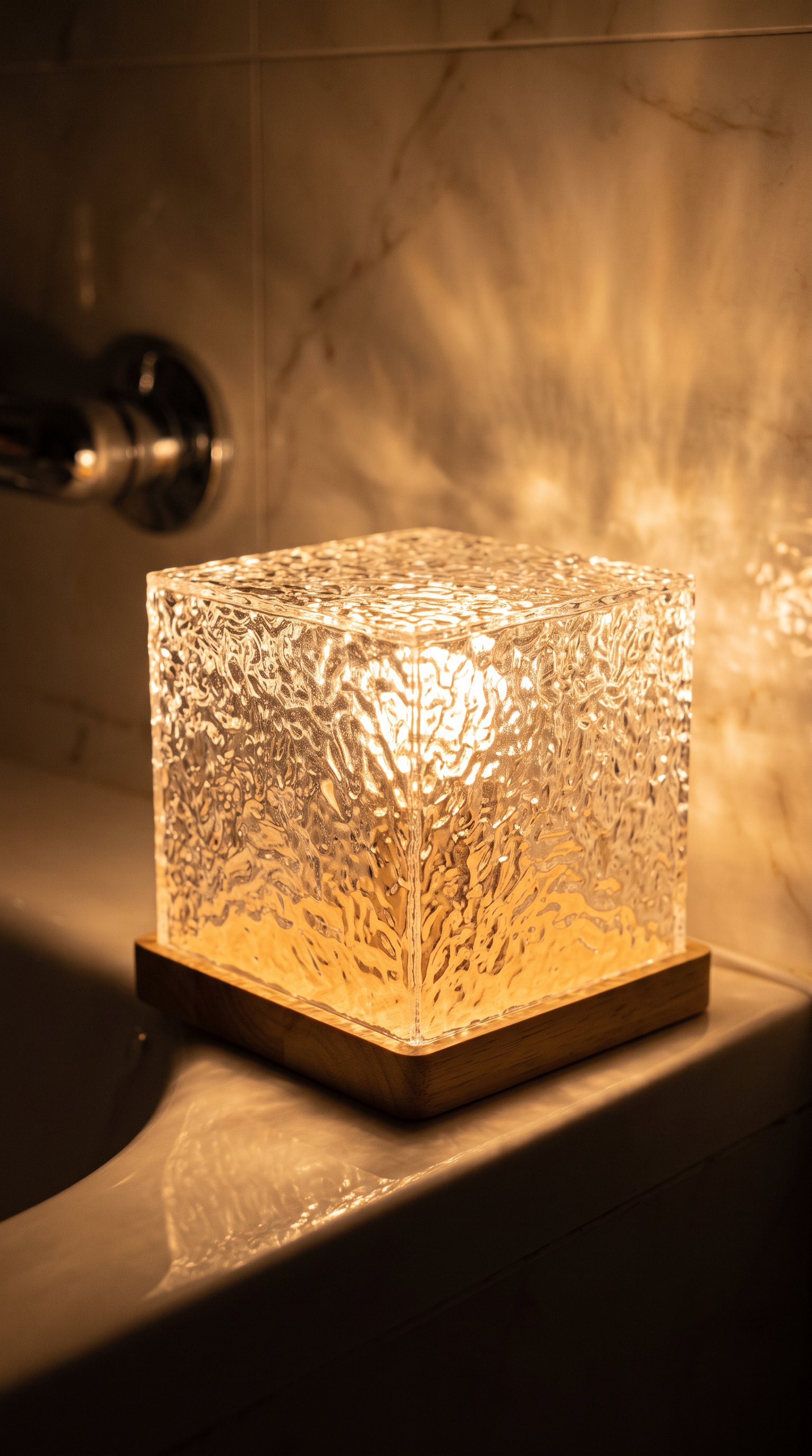 Cubo de luz Noara encendido en el borde de la bañera
