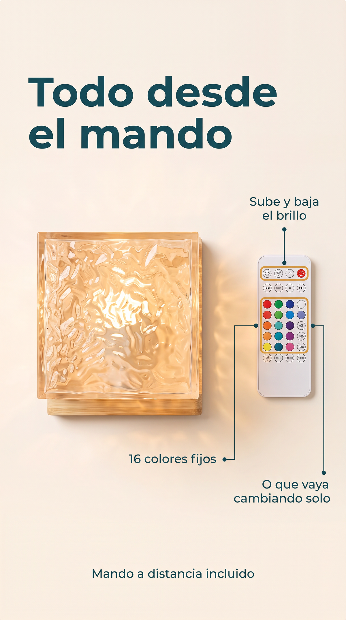 Todo desde el mando: brillo, 16 colores fijos o cambio automático