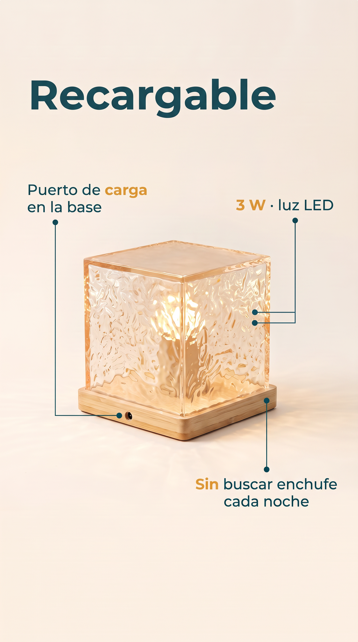 Recargable, con puerto de carga en la base y LED de 3 W