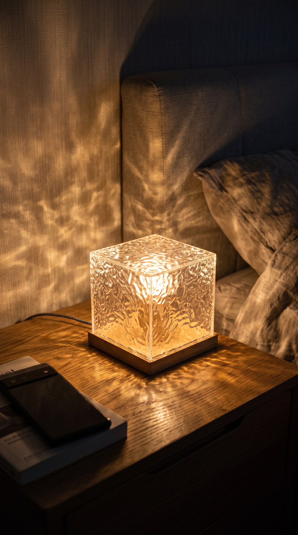 Cubo de luz Noara encendido en la mesita de noche, con reflejos de agua en la pared