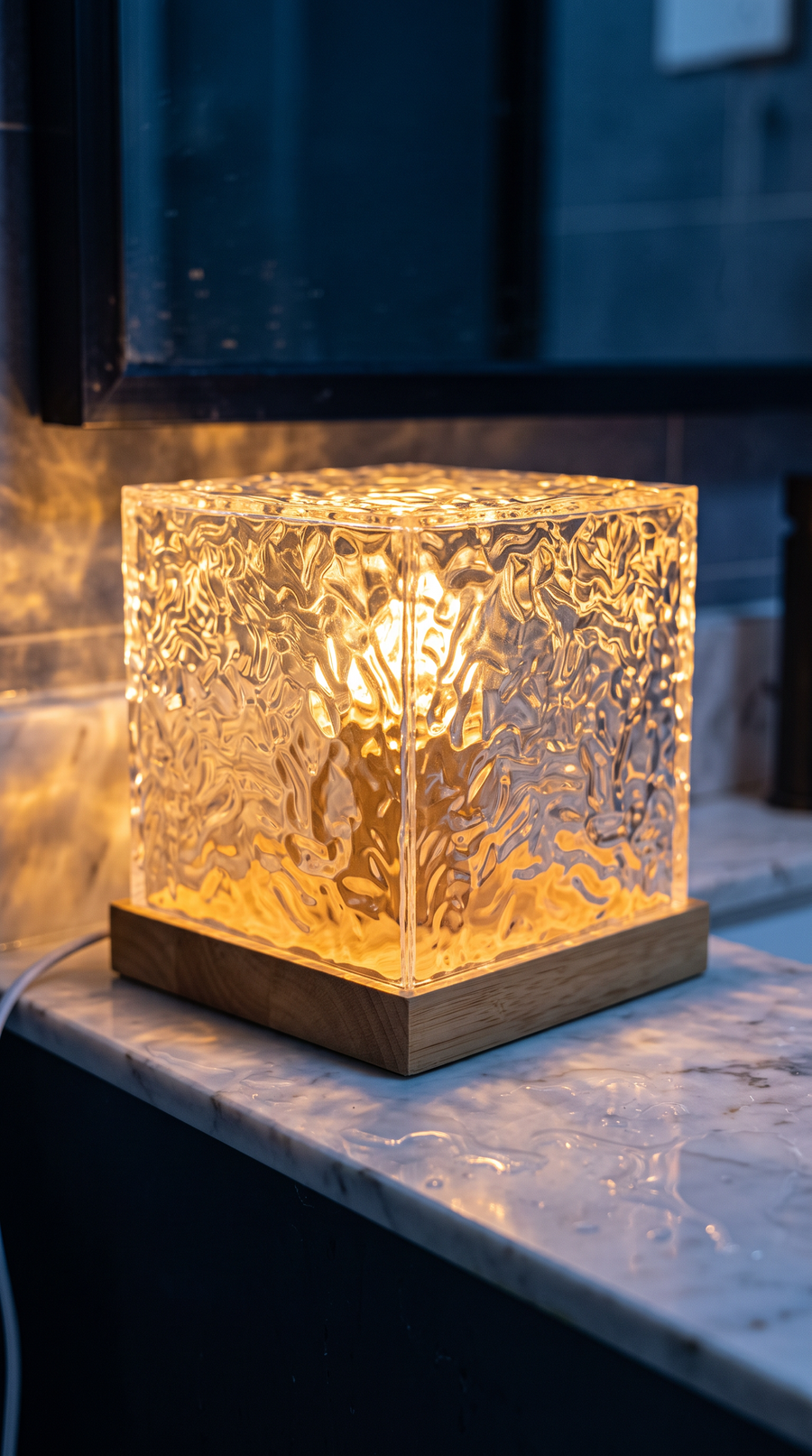 Cubo de luz Noara encendido sobre una encimera de mármol